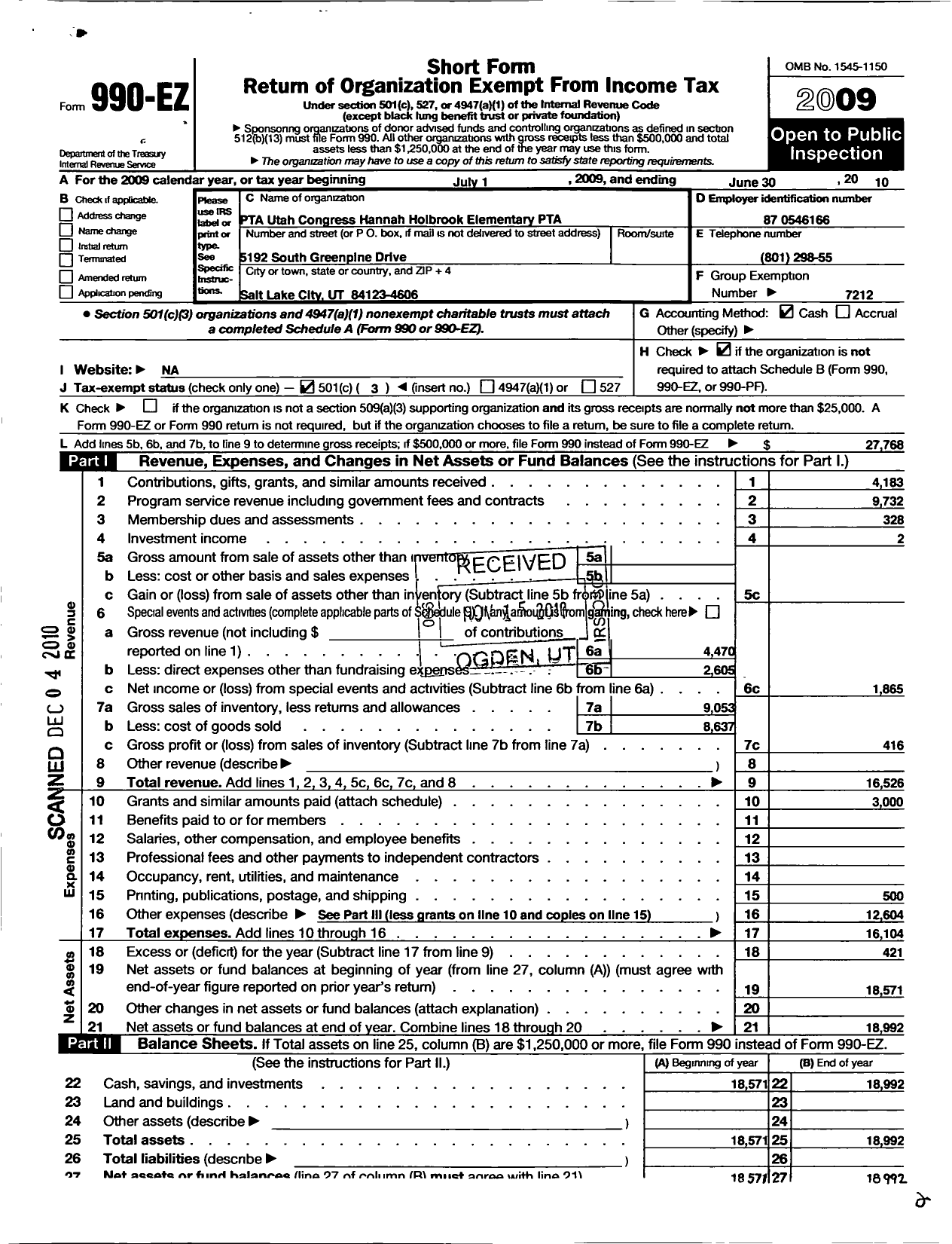 Image of first page of 2009 Form 990EZ for PTA Utah Congress / Hannah Holbrook Elementary PTA