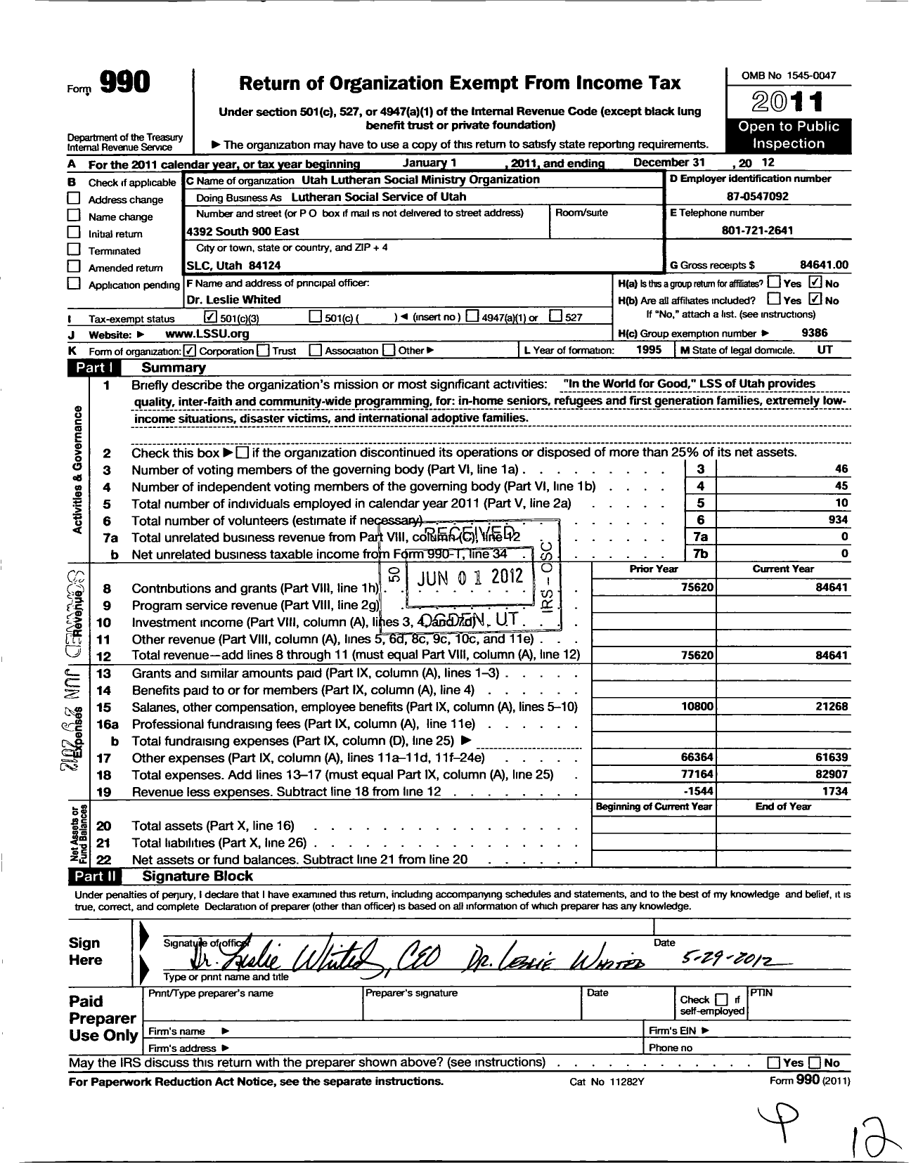 Image of first page of 2012 Form 990 for Utah Lutheran Society Ministry Organization