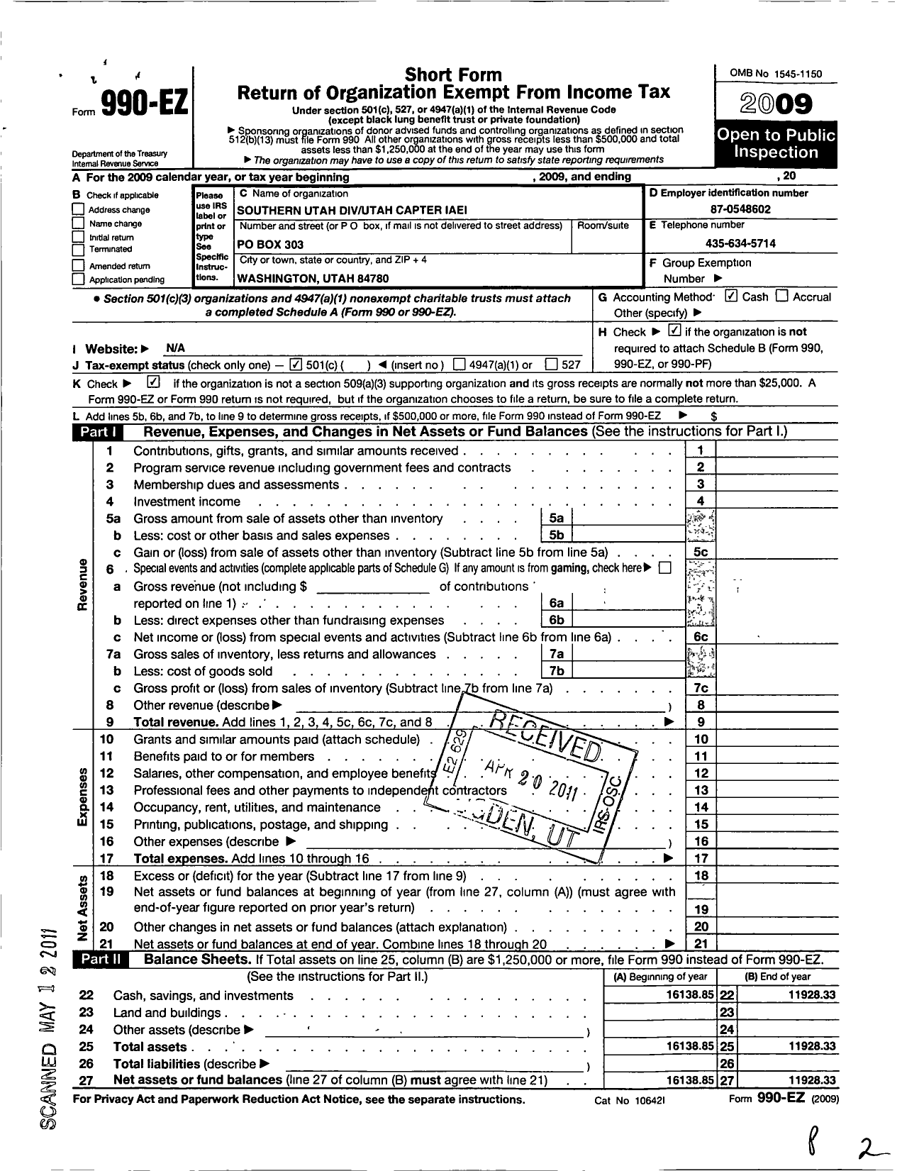 Image of first page of 2009 Form 990EO for International Association of Electrical Inspectors / Southern Utah Division Chapter