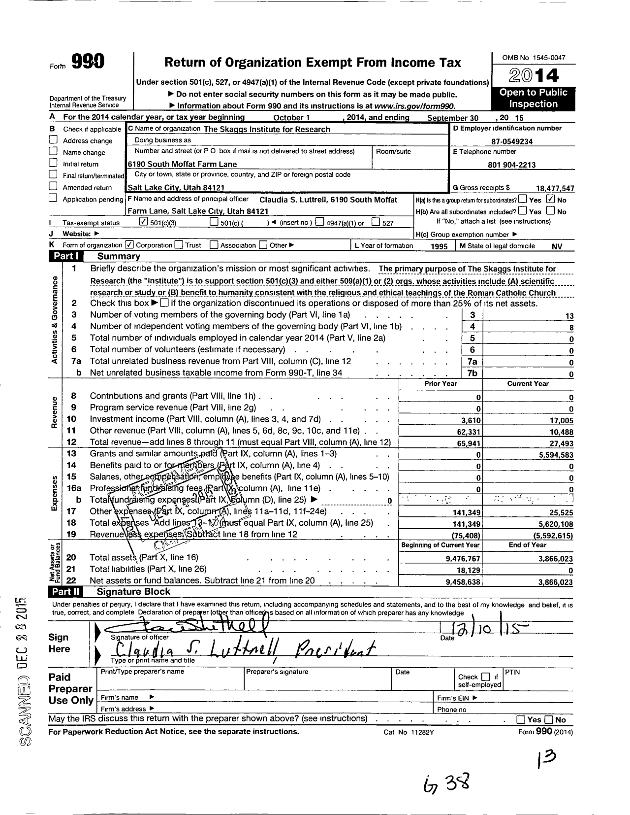 Image of first page of 2014 Form 990 for Skaggs Institute for Research