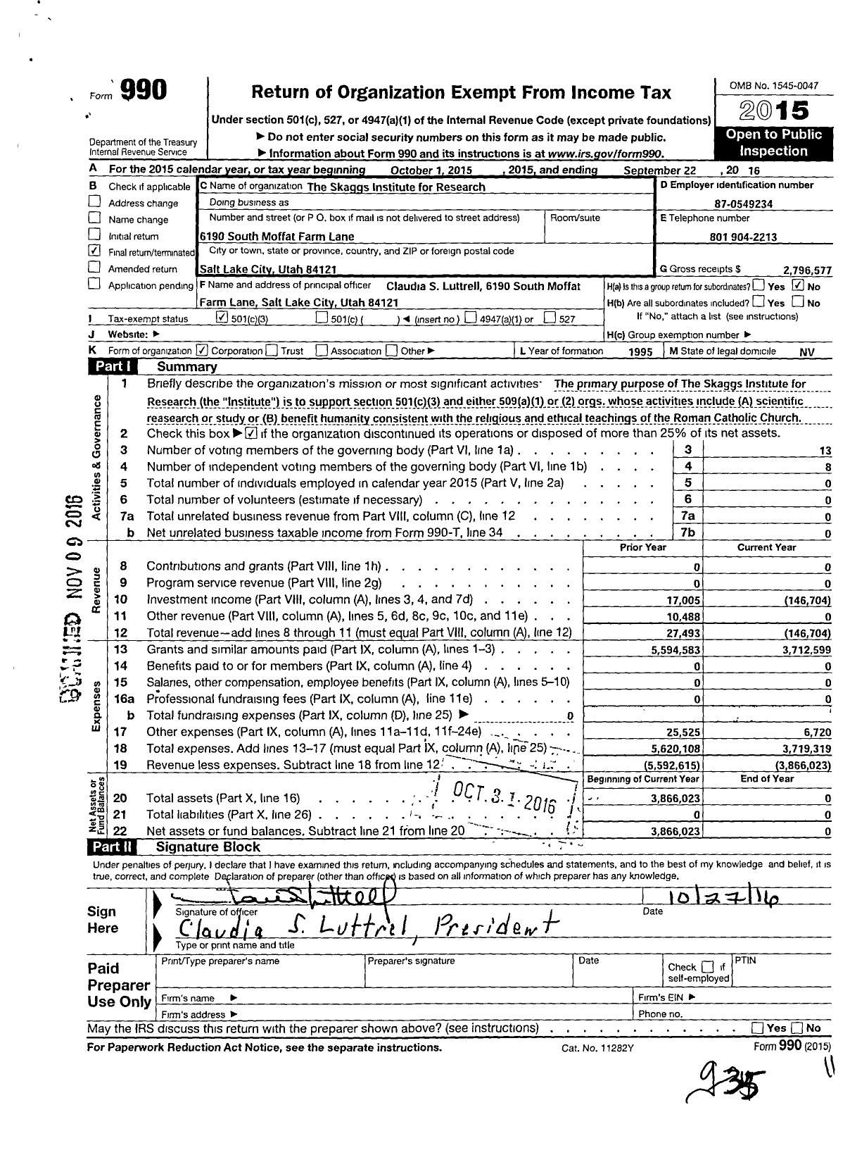 Image of first page of 2015 Form 990 for Skaggs Institute for Research