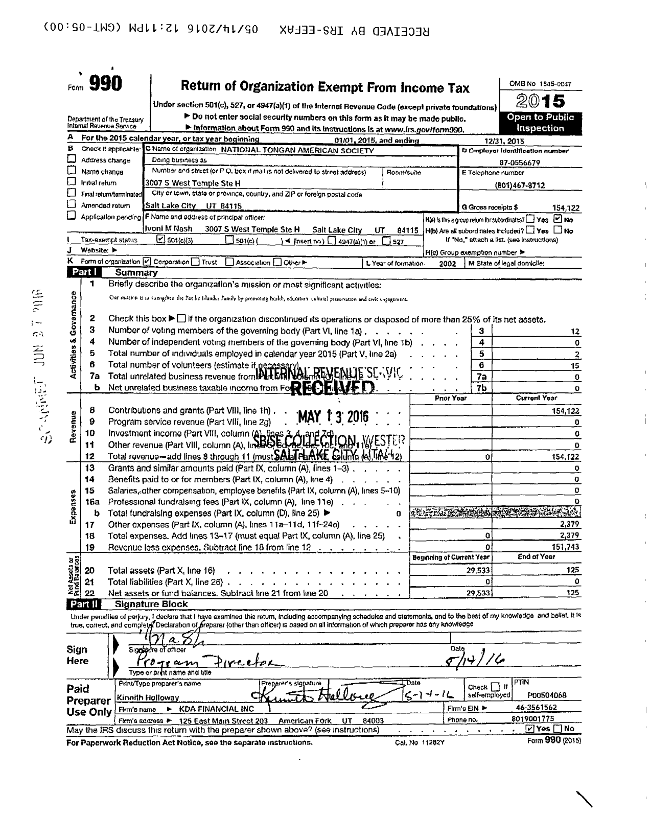 Image of first page of 2015 Form 990 for National Tongan American Society