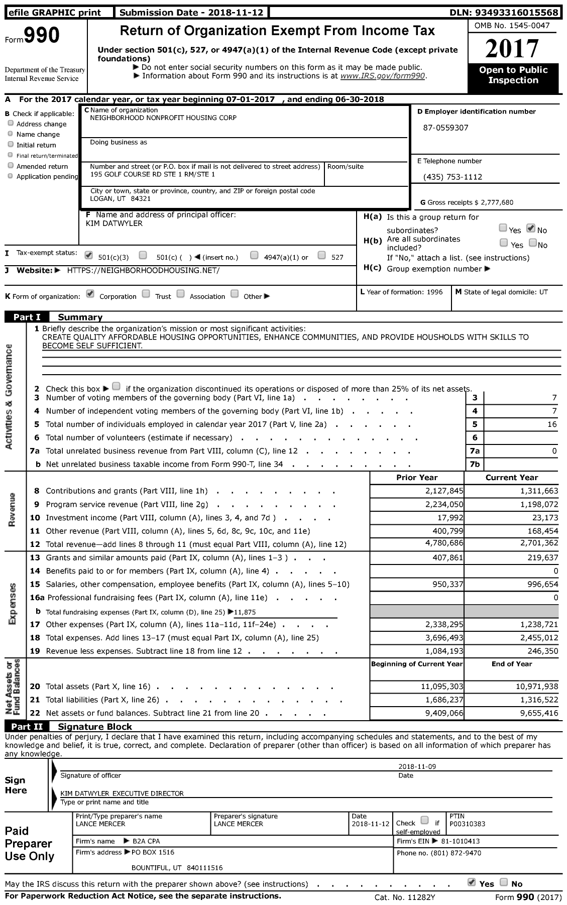 Image of first page of 2017 Form 990 for Neighborhood Nonprofit Housing Corporation