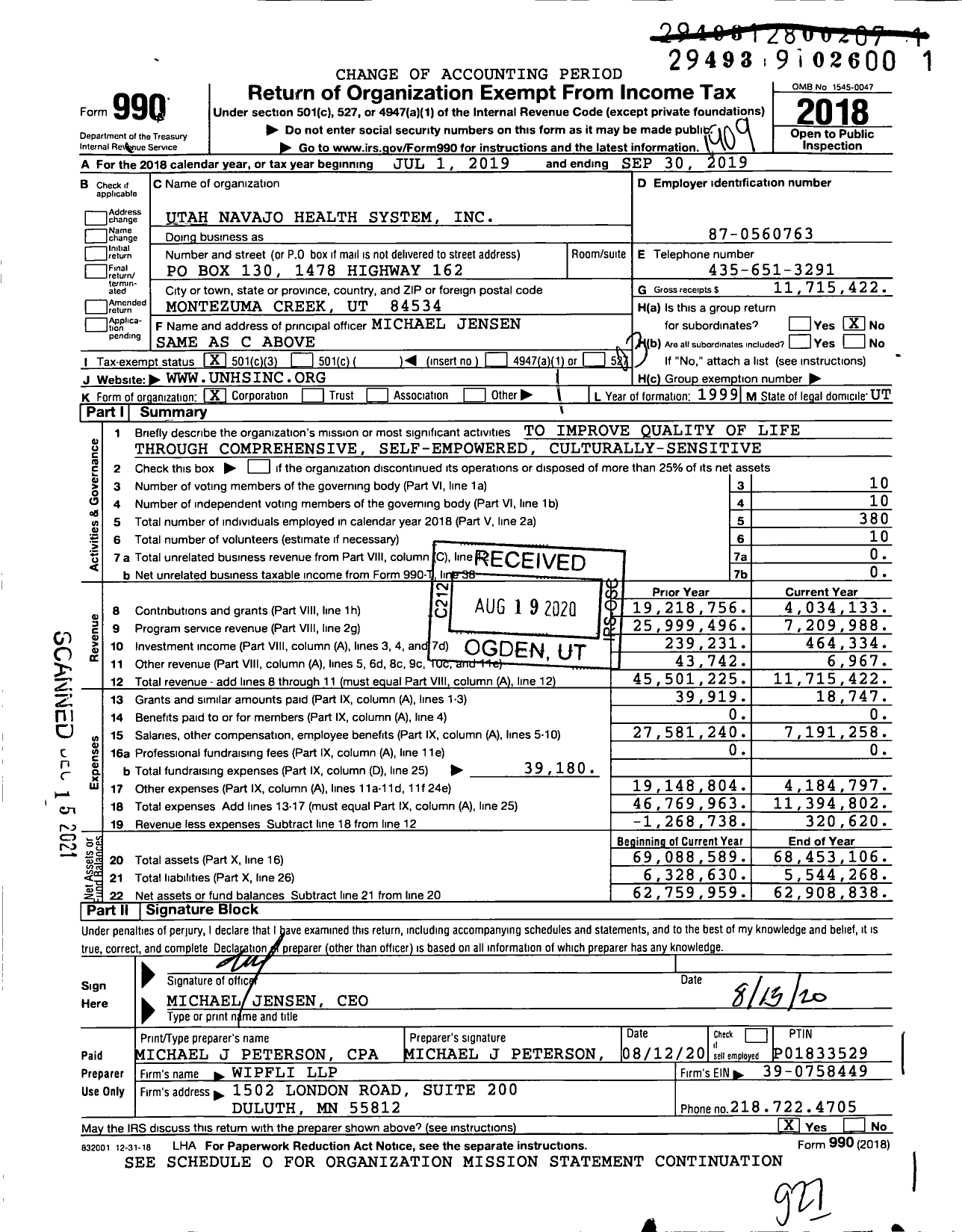 Image of first page of 2018 Form 990 for Utah Navajo Health System