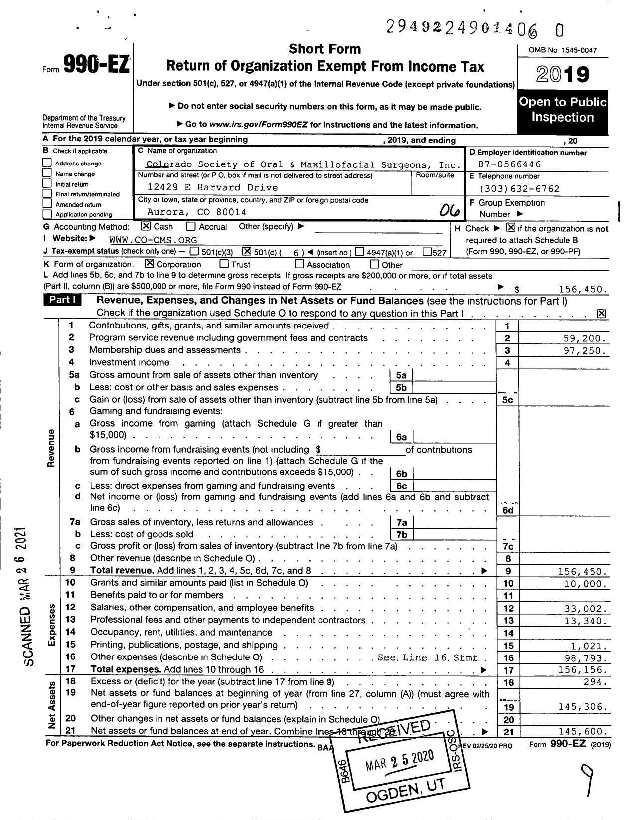 Image of first page of 2019 Form 990EO for Colorado Society of Oral & Maxillofacial Surgeons