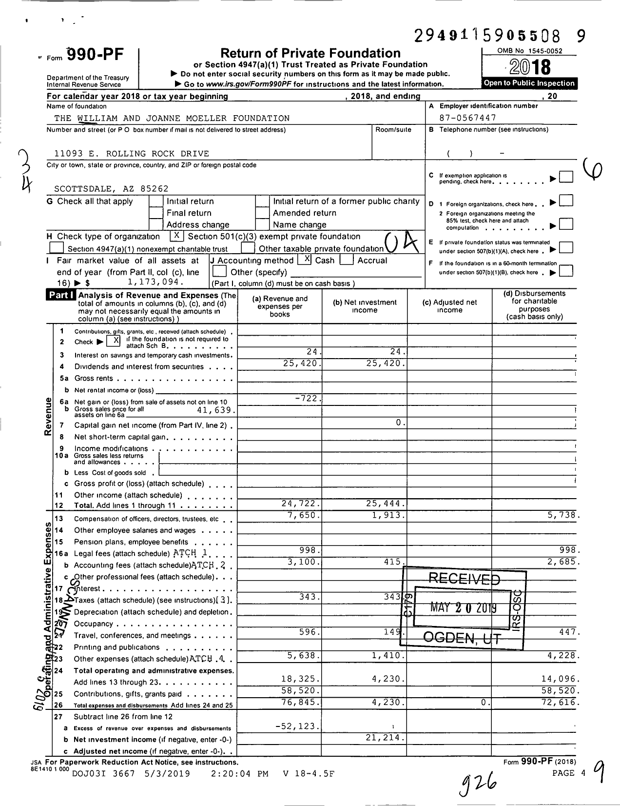 Image of first page of 2018 Form 990PF for The William and Joanne Moeller Foundation