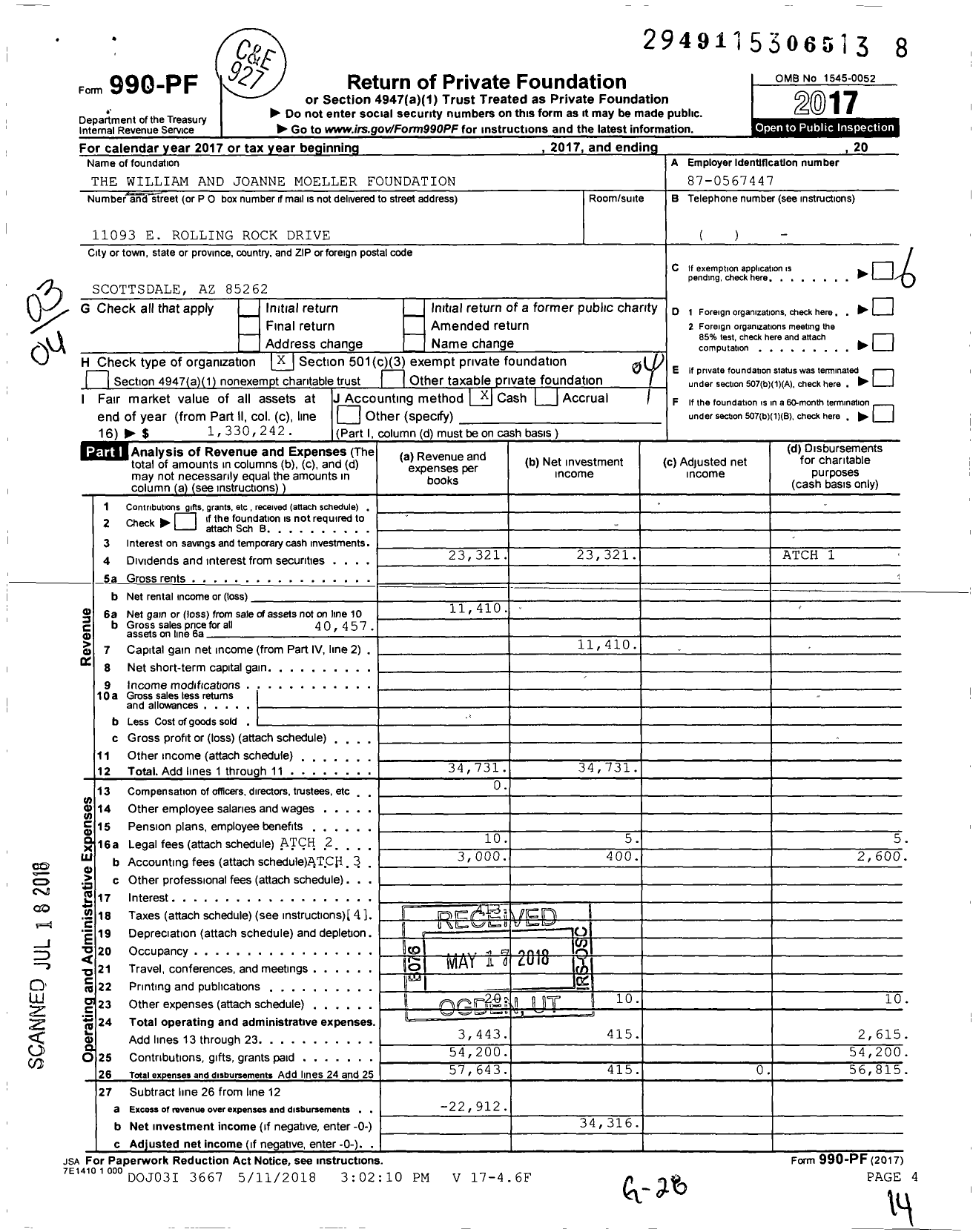 Image of first page of 2017 Form 990PF for The William and Joanne Moeller Foundation