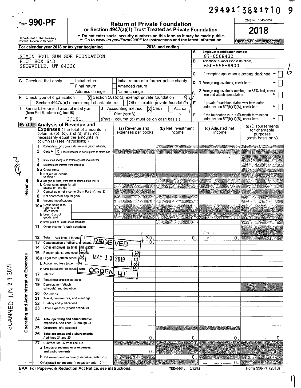 Image of first page of 2018 Form 990PF for Simon Soul Sun Goe Foundation