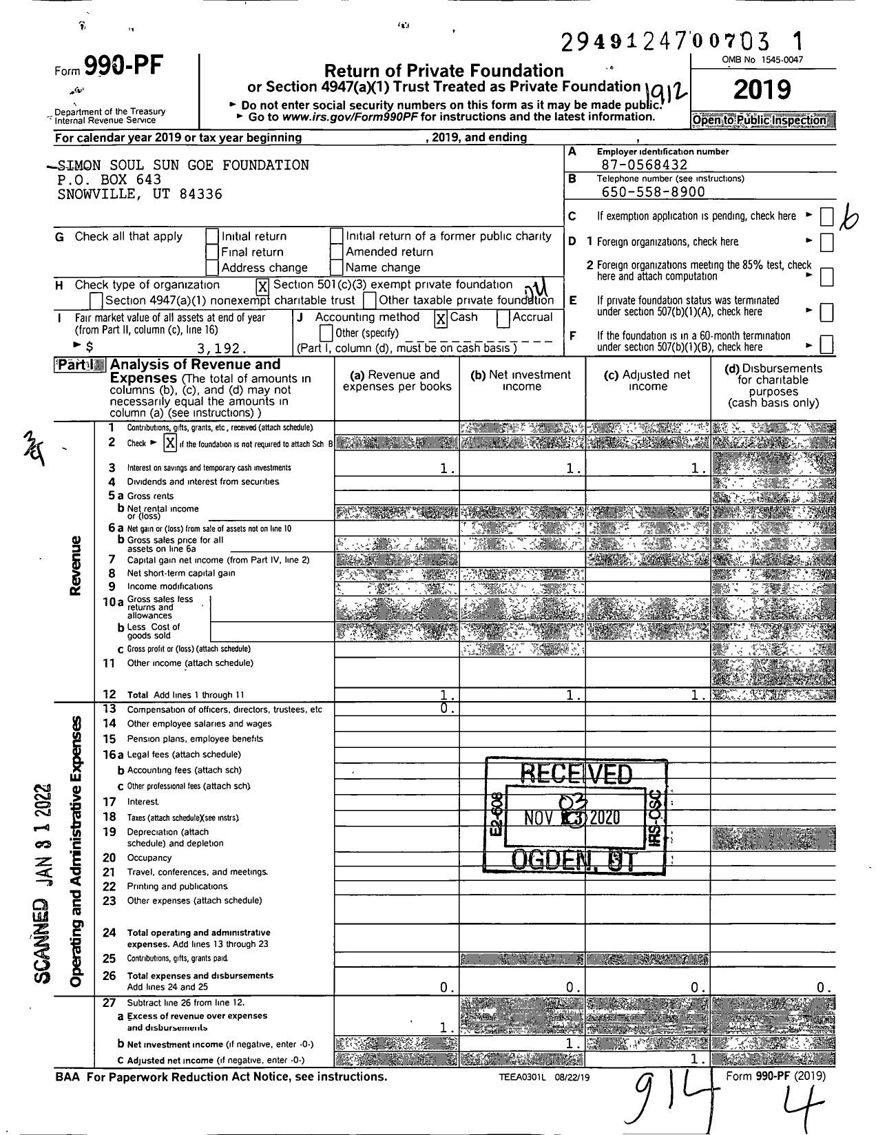 Image of first page of 2019 Form 990PF for Simon Soul Sun Goe Foundation