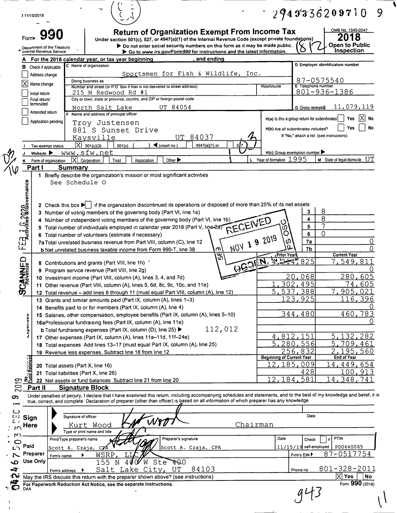 Image of first page of 2018 Form 990 for Sportsmen for Fish and Wildlife (SFW)