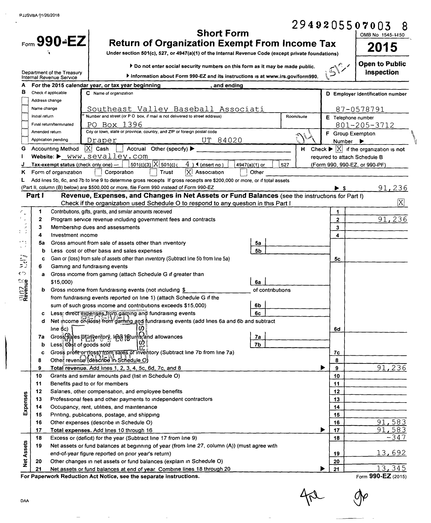 Image of first page of 2015 Form 990EO for Southeast Valley Baseball Association