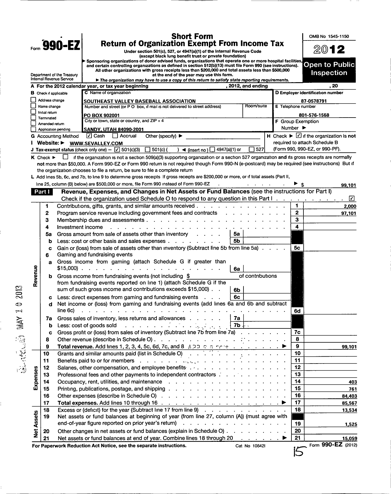 Image of first page of 2012 Form 990EZ for Southeast Valley Baseball Association