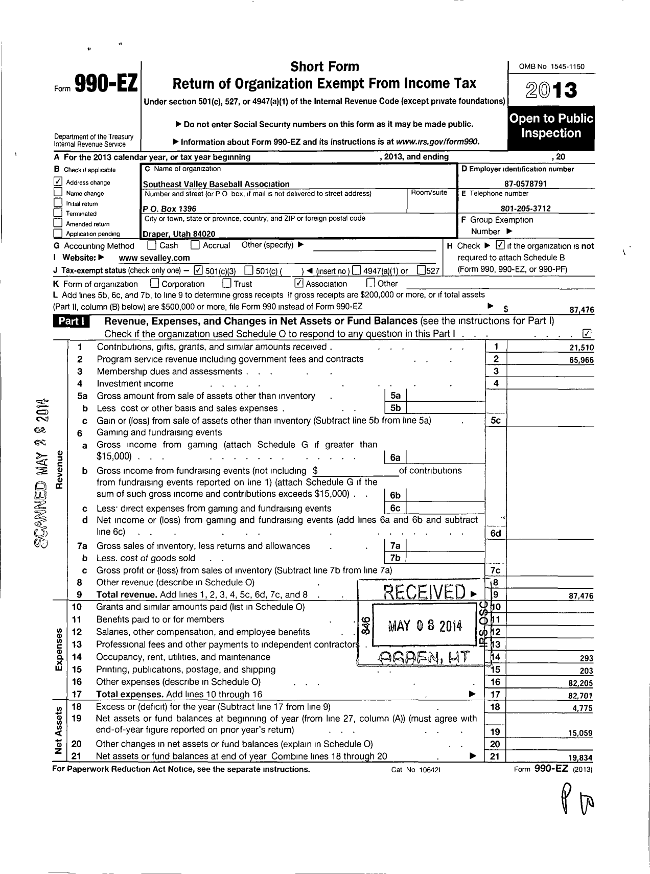 Image of first page of 2013 Form 990EZ for Southeast Valley Baseball Association