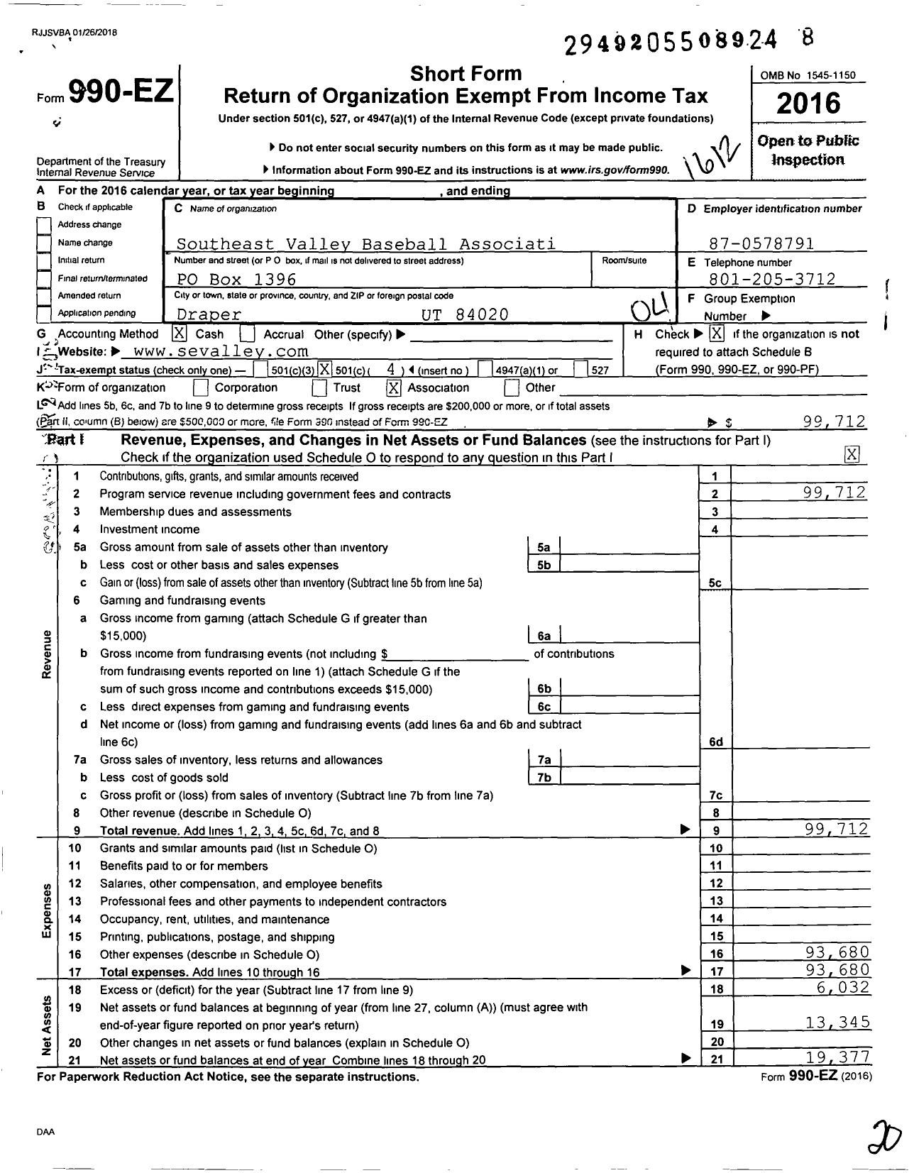 Image of first page of 2016 Form 990EO for Southeast Valley Baseball Association