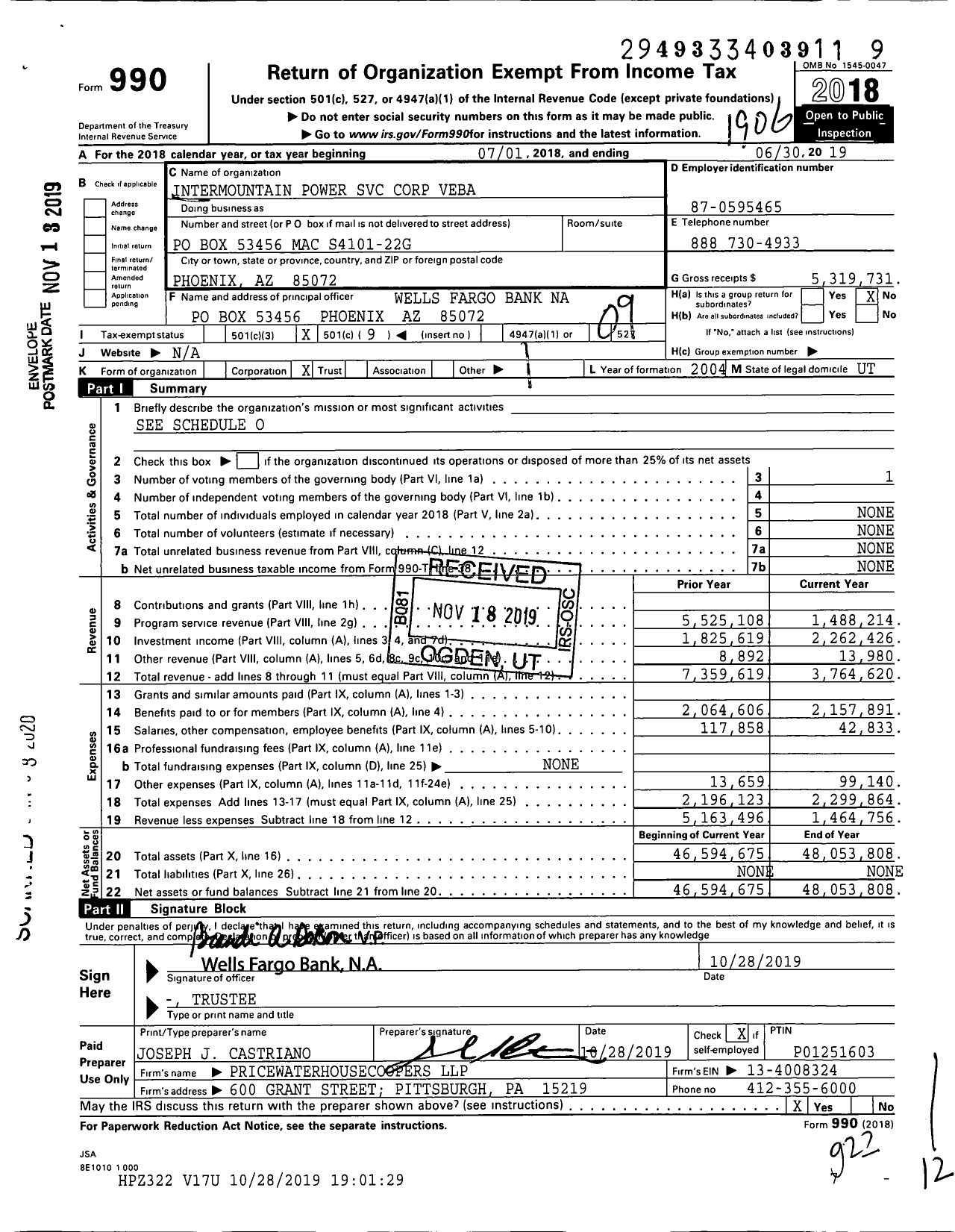 Image of first page of 2018 Form 990O for Intermountain Power Service Corp Veba