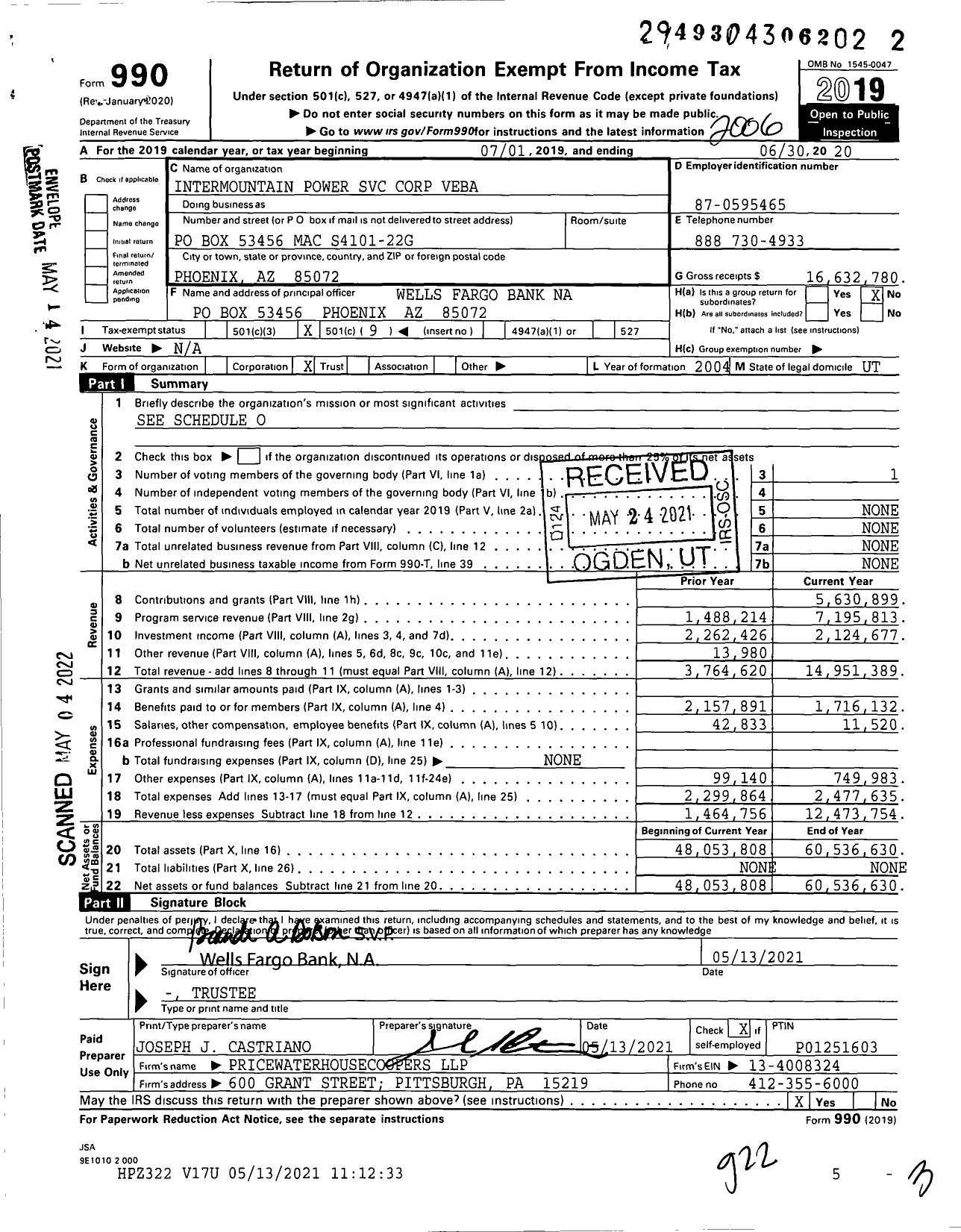 Image of first page of 2019 Form 990O for Intermountain Power Service Corp Veba