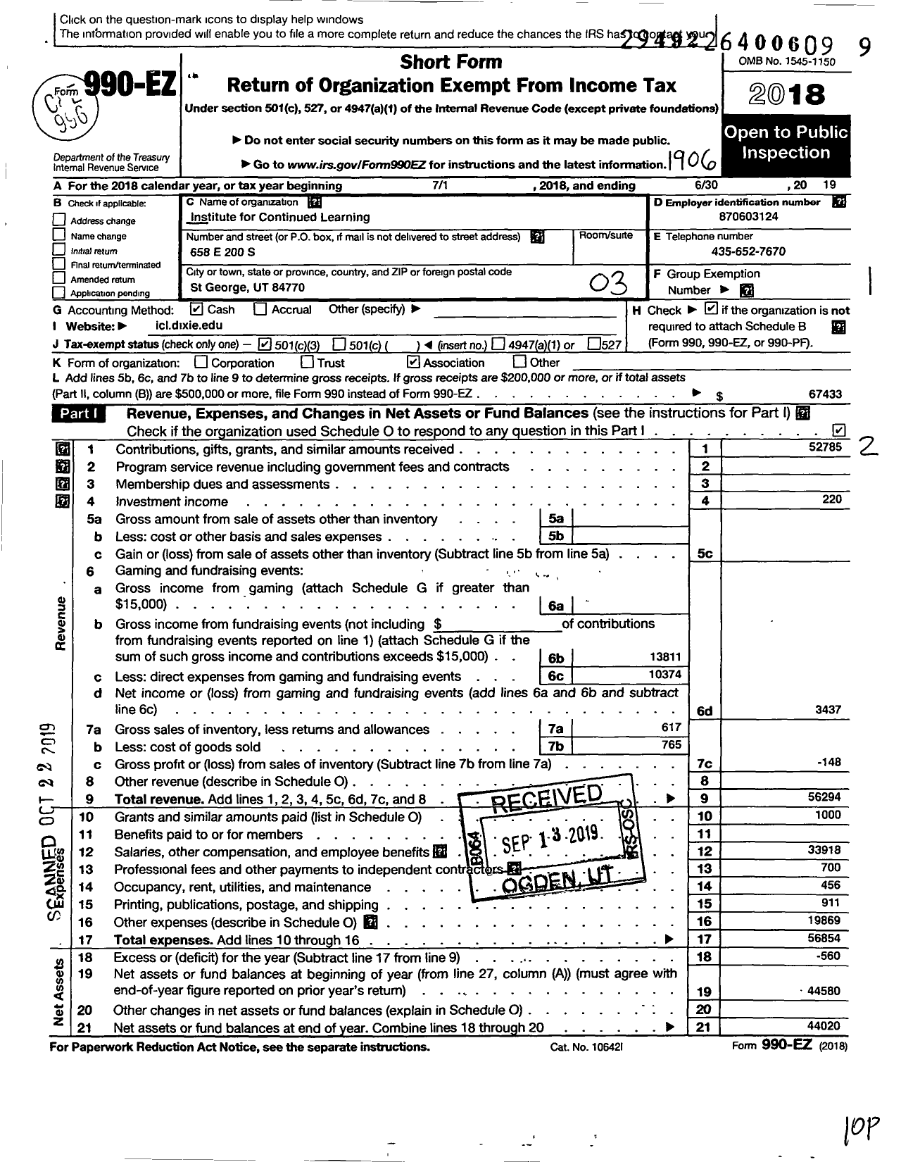 Image of first page of 2018 Form 990EZ for Institute for Continued Learning