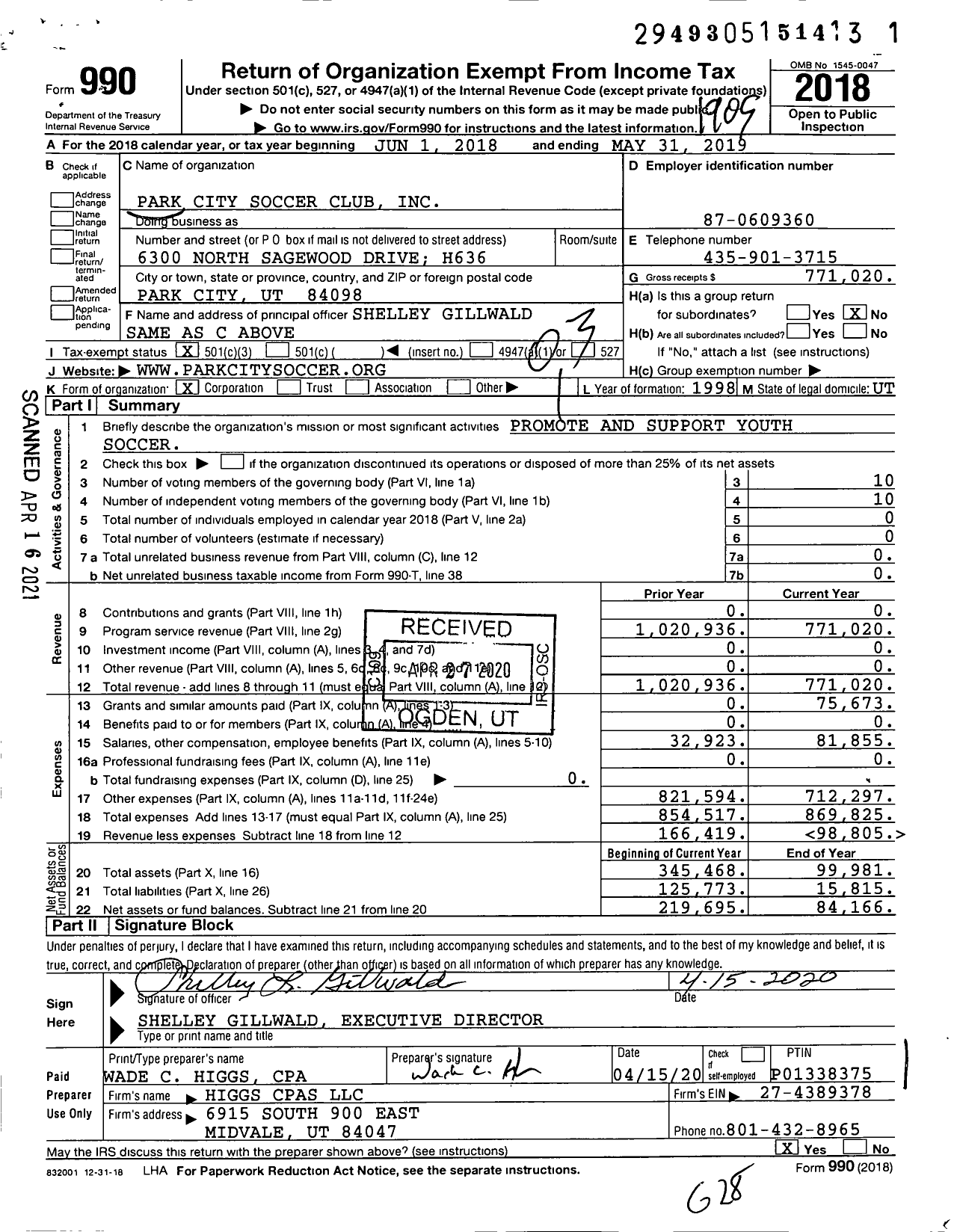 Image of first page of 2018 Form 990 for Park City Soccer Club