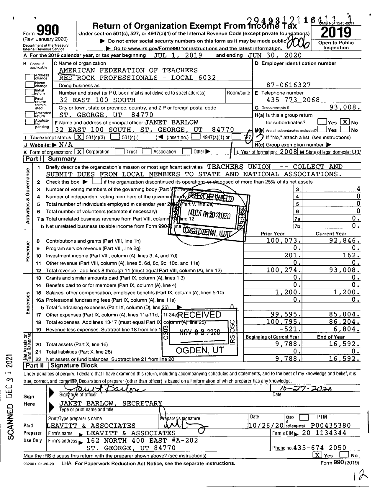 Image of first page of 2019 Form 990 for American Federation of Teachers - 6032 Red Rock Professionals