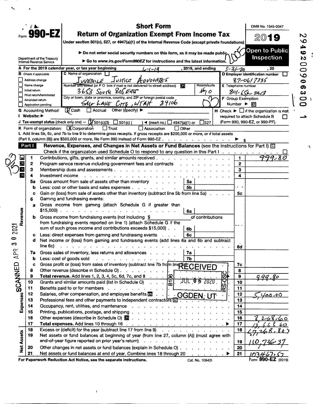 Image of first page of 2019 Form 990EZ for Juvenile Justice Advocates