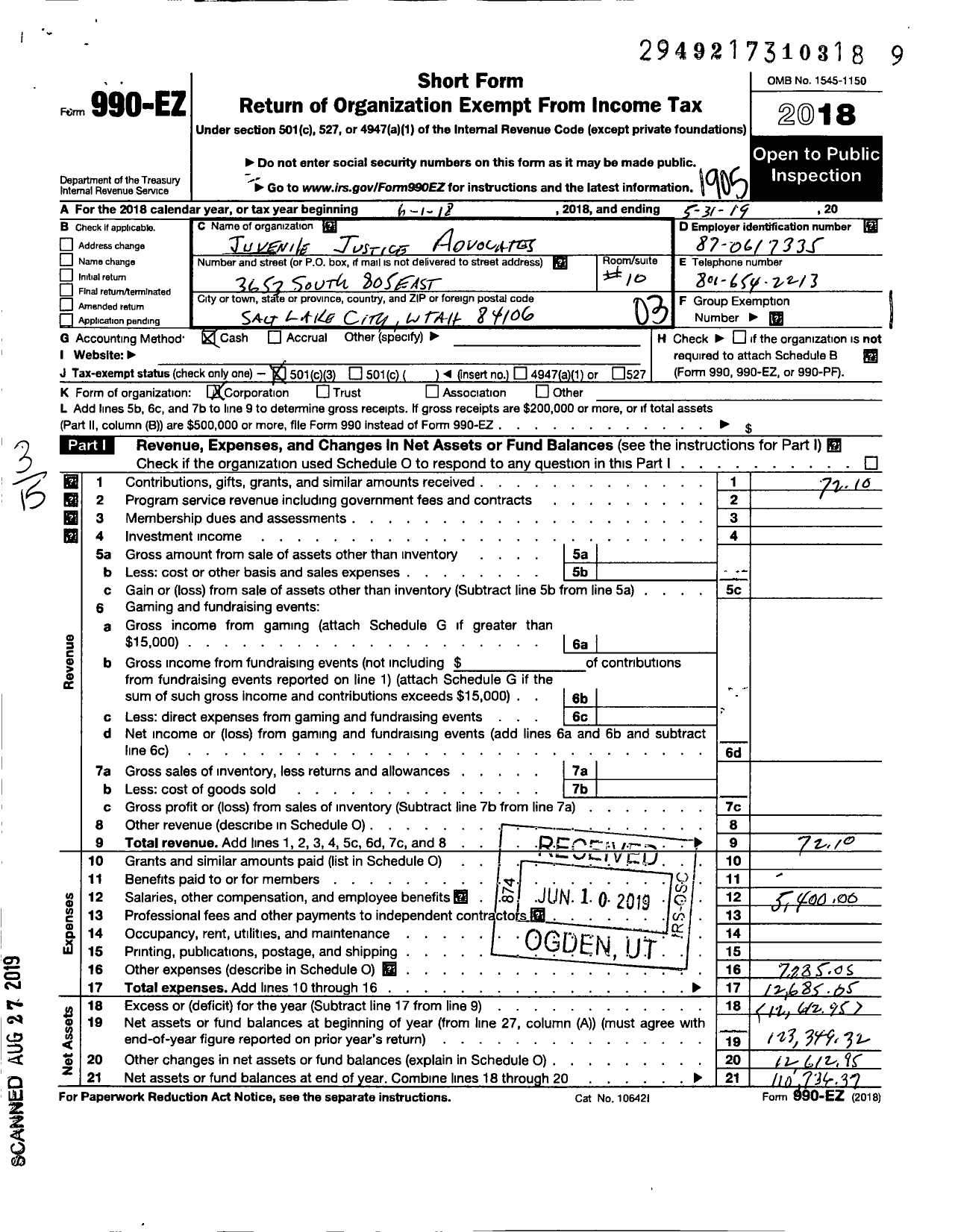 Image of first page of 2018 Form 990EZ for Juvenile Justice Advocates