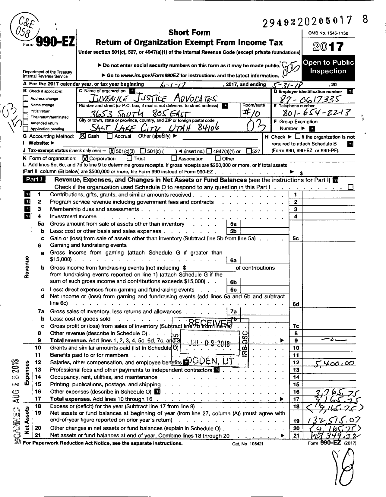 Image of first page of 2017 Form 990EZ for Juvenile Justice Advocates