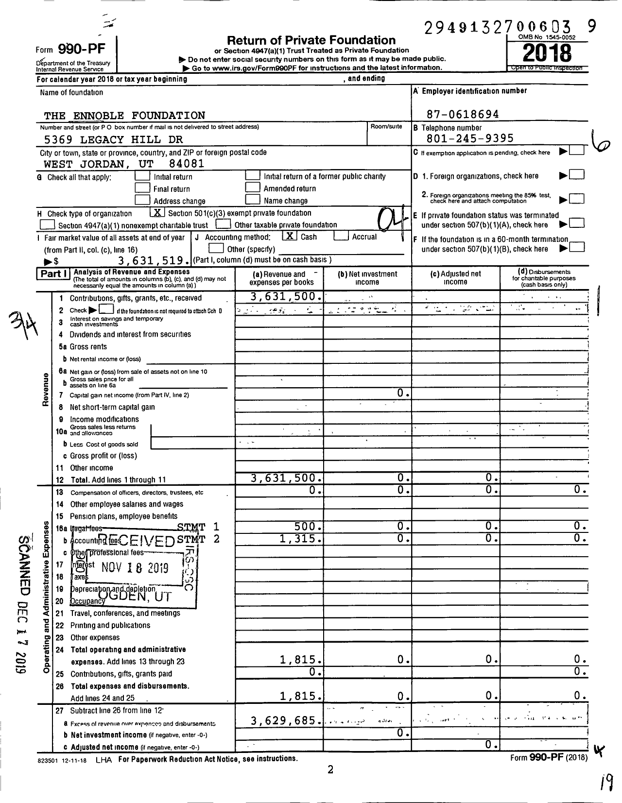 Image of first page of 2018 Form 990PF for The Ennoble Foundation