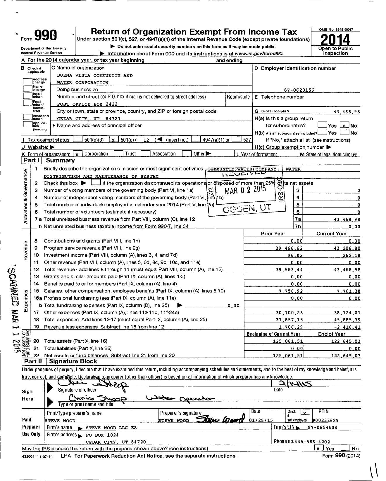 Image of first page of 2014 Form 990O for Buena Vista Community and Water Corporation