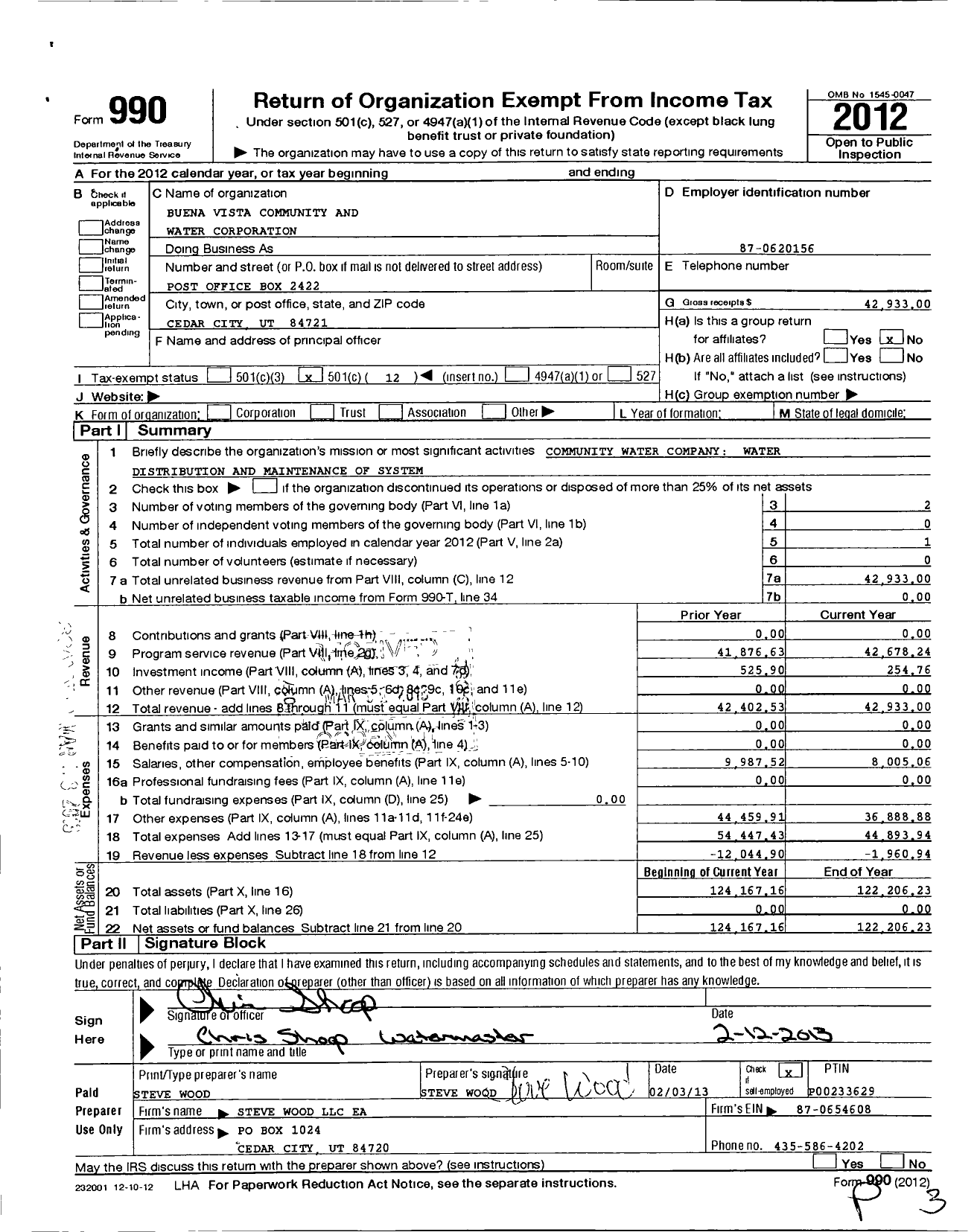 Image of first page of 2012 Form 990O for Buena Vista Community and Water Corporation