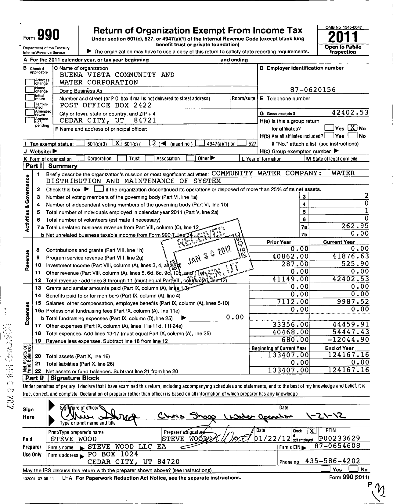 Image of first page of 2011 Form 990O for Buena Vista Community and Water Corporation