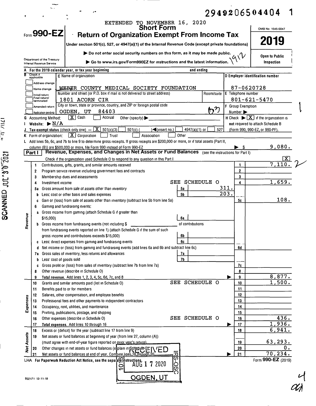 Image of first page of 2019 Form 990EZ for Weber County Medical Society Foundation