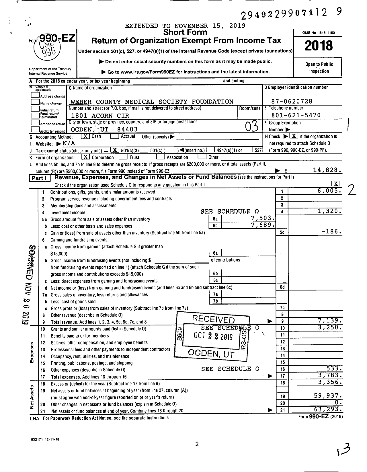 Image of first page of 2018 Form 990EZ for Weber County Medical Society Foundation