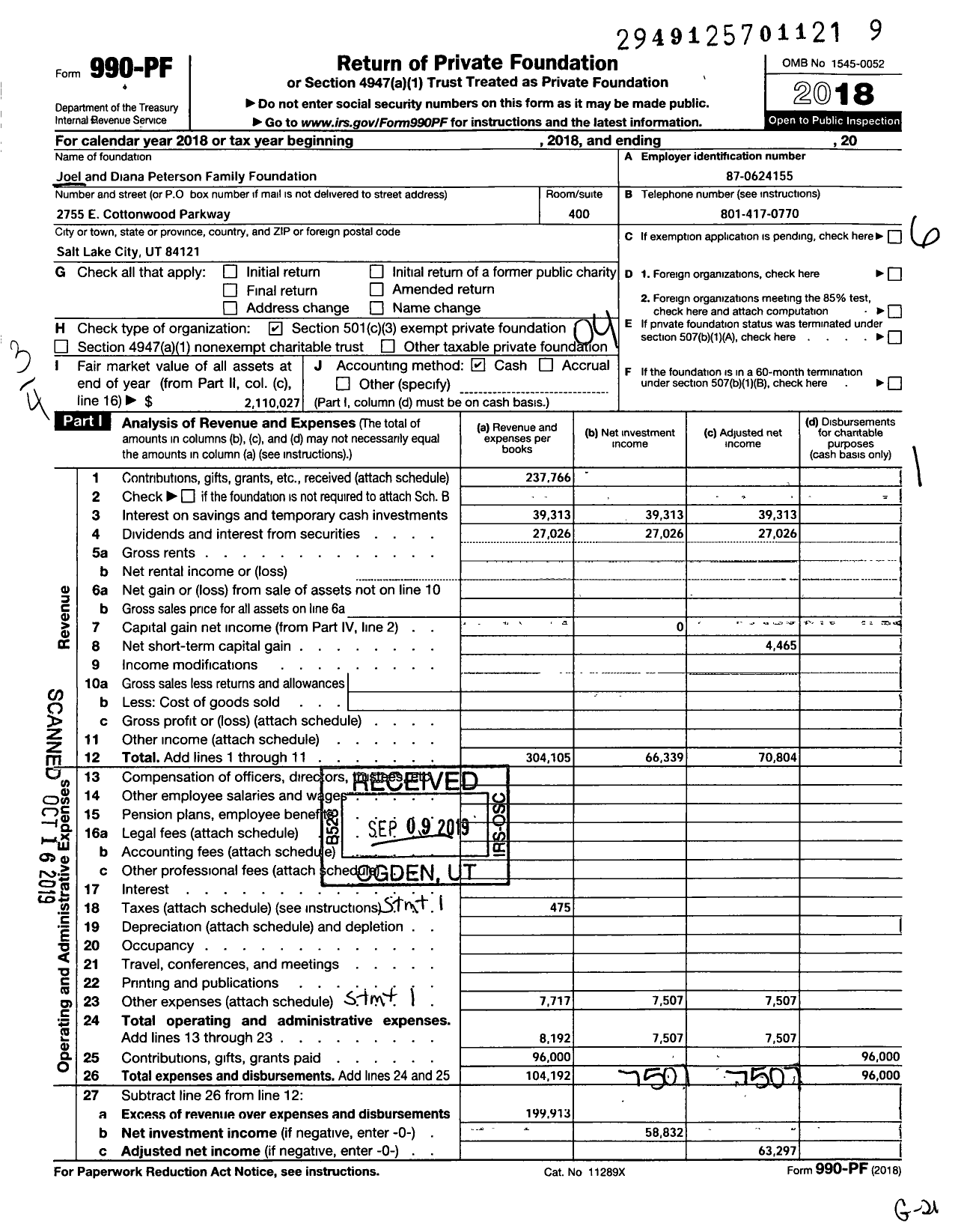 Image of first page of 2018 Form 990PF for Joel and Diana Peterson Family Foundation