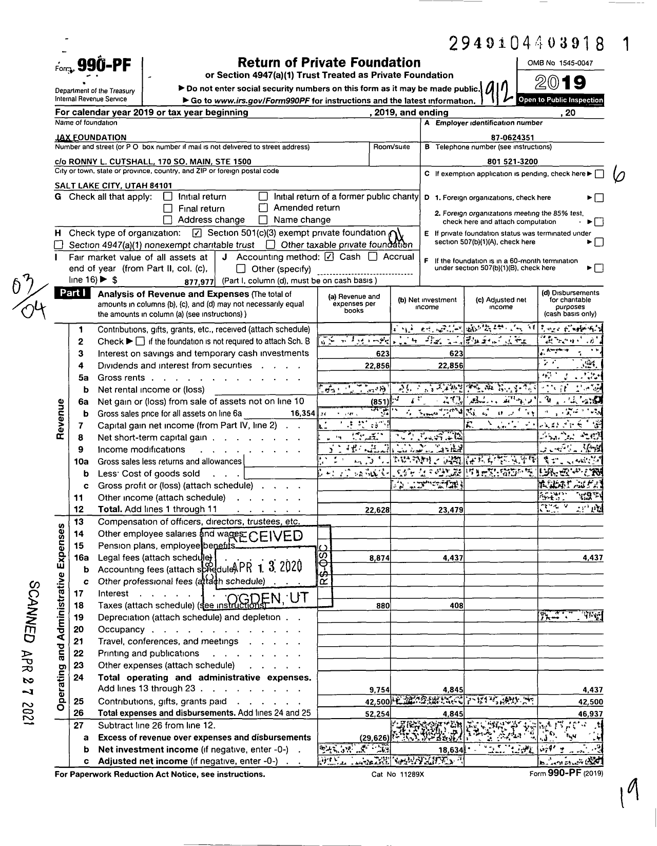 Image of first page of 2019 Form 990PF for Jax Foundation