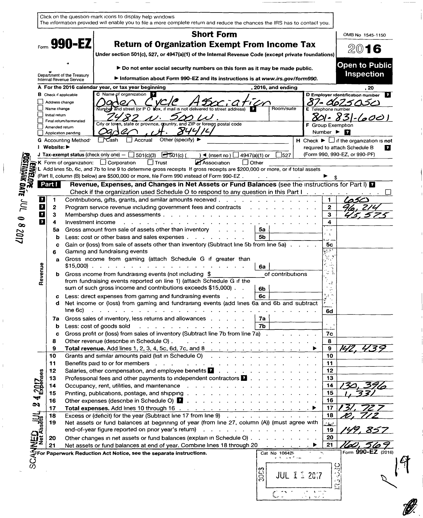 Image of first page of 2016 Form 990EO for Ogden Cycle Association