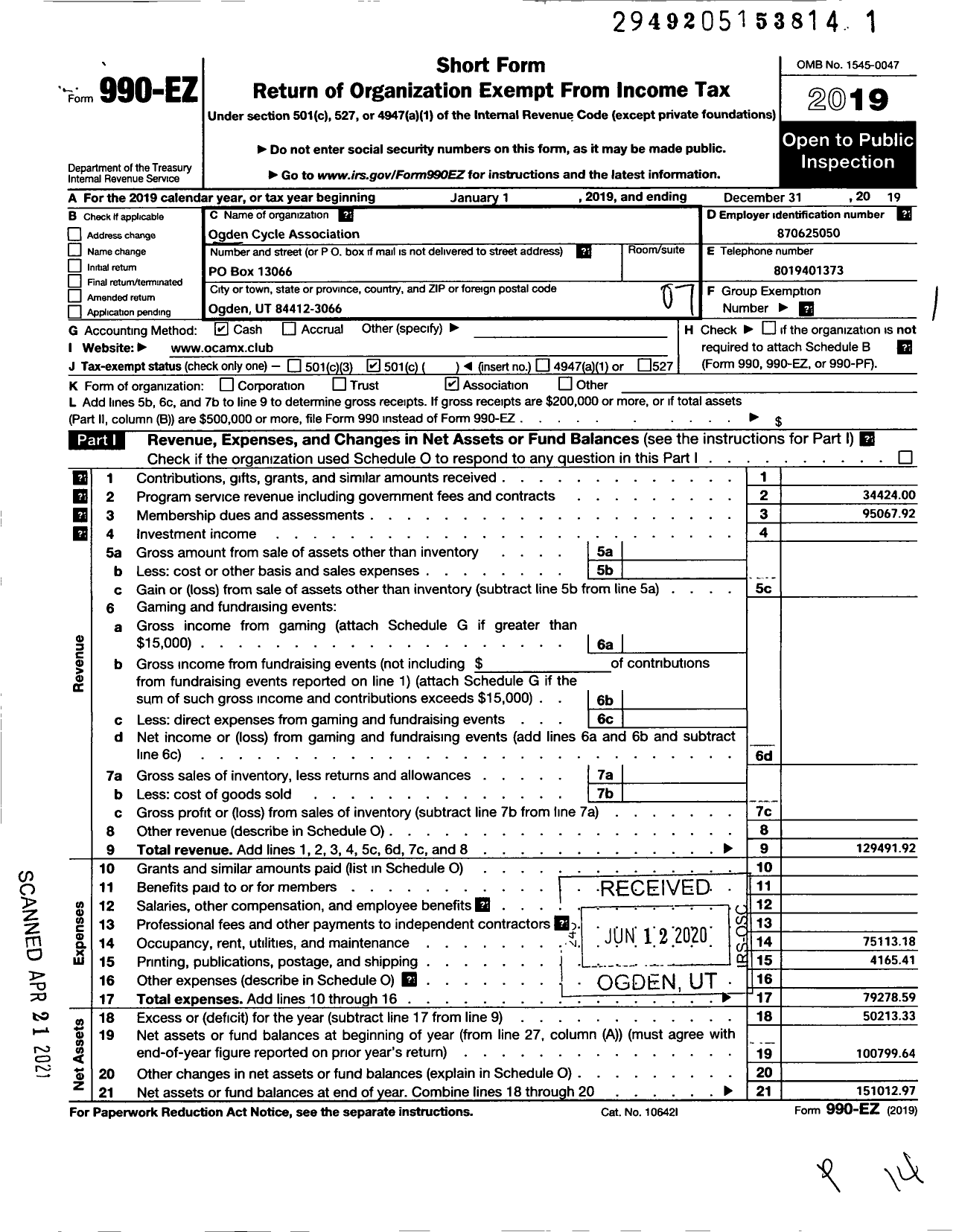 Image of first page of 2019 Form 990EO for Ogden Cycle Association