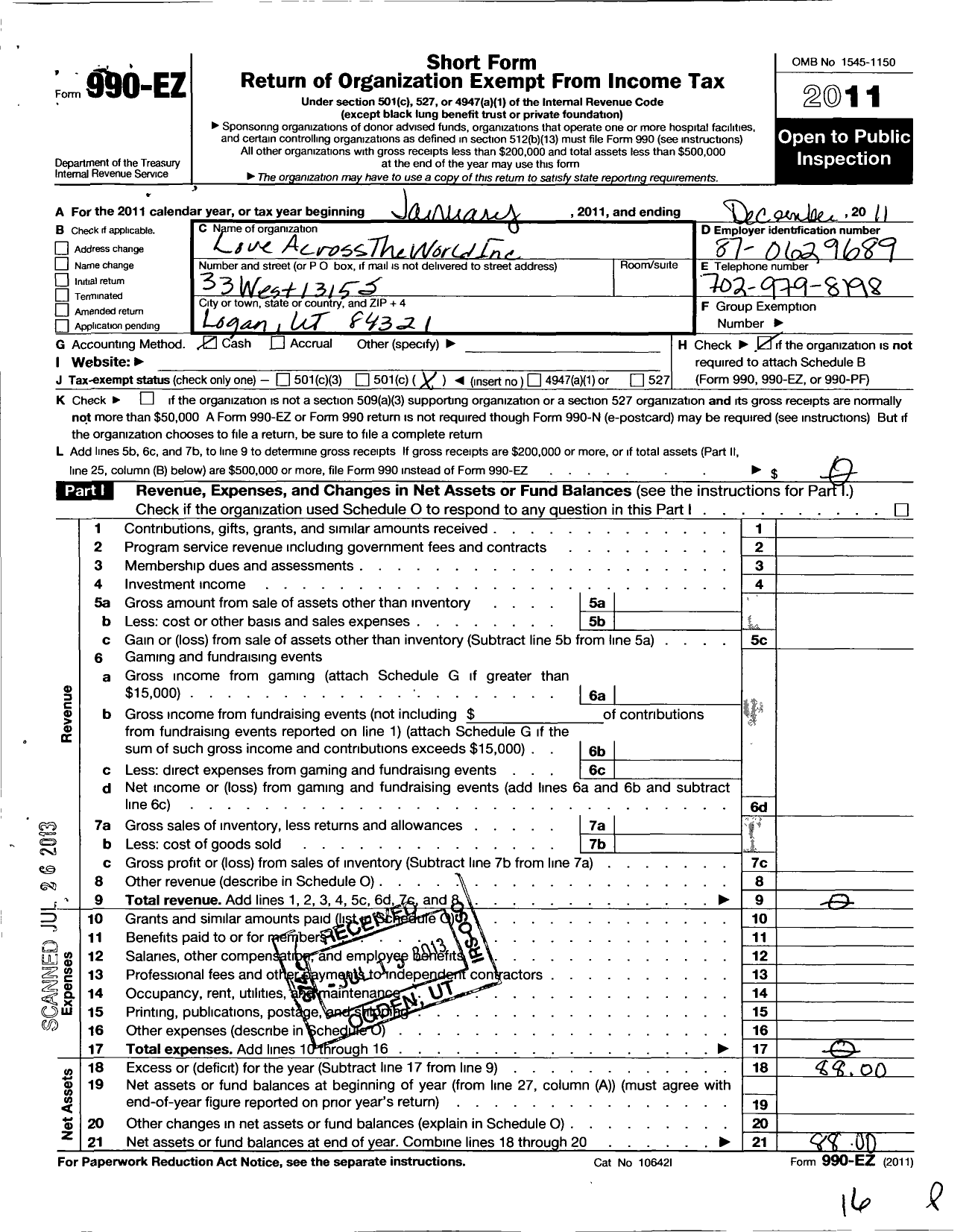 Image of first page of 2011 Form 990EO for Love Across the World