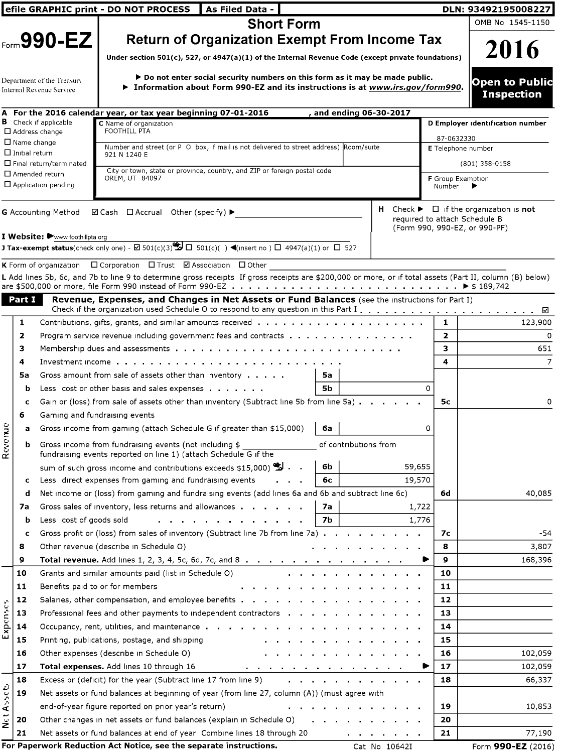 Image of first page of 2016 Form 990EZ for Foothill PTA