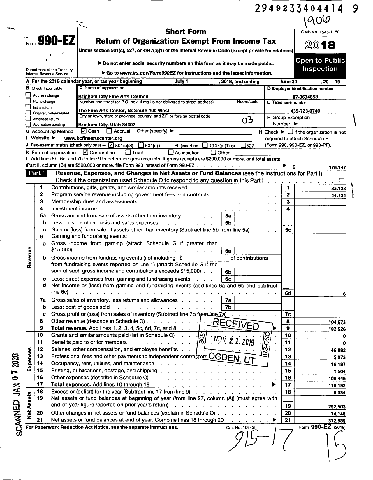 Image of first page of 2018 Form 990EZ for Brigham City Fine Arts Council