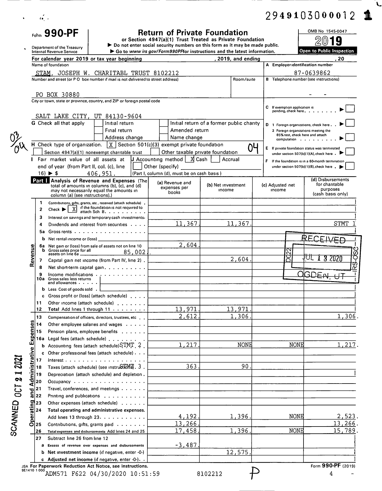 Image of first page of 2019 Form 990PF for Stam Joseph W Charitabl Trust 8102212