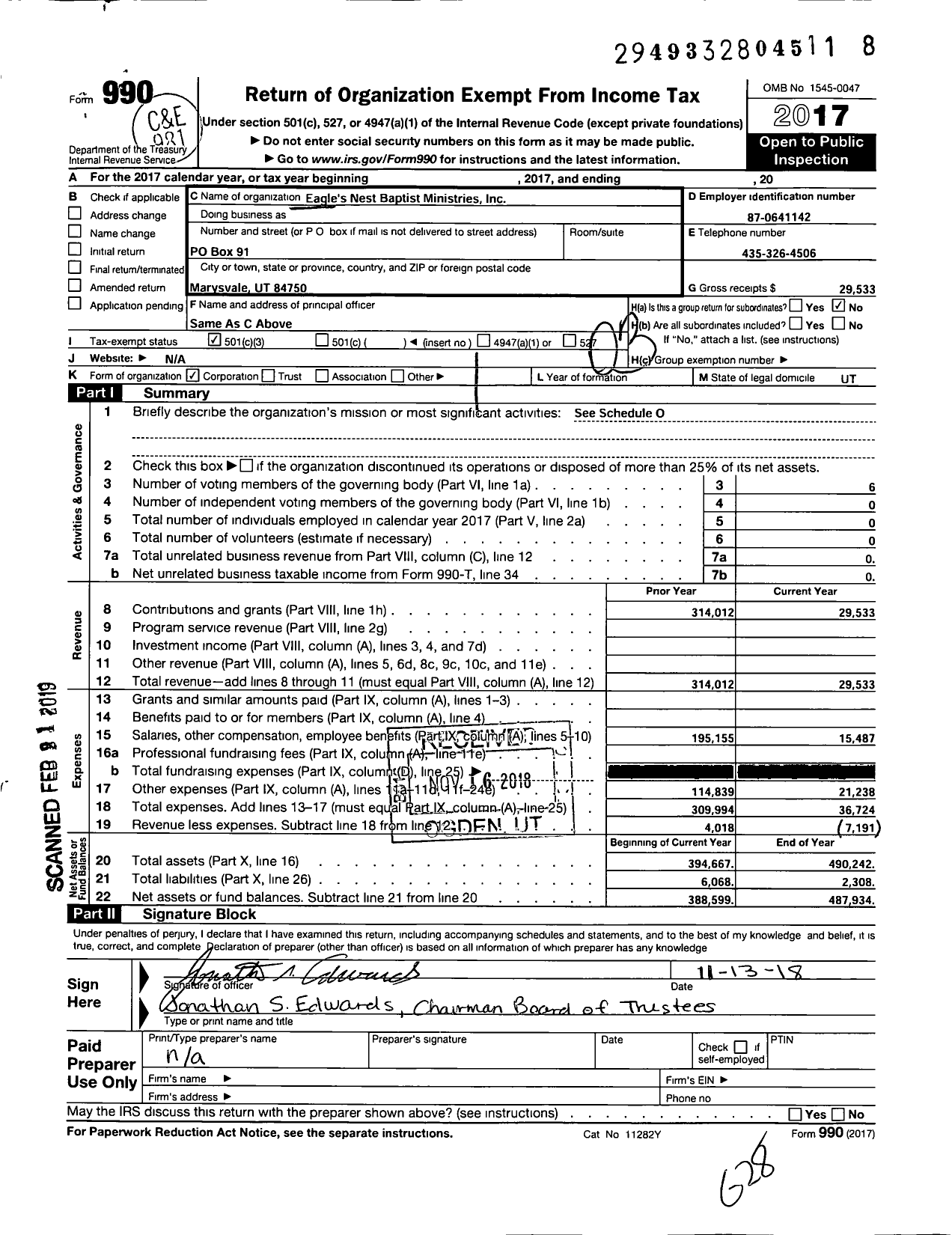 Image of first page of 2017 Form 990 for Eagles Nest Baptist Ministries