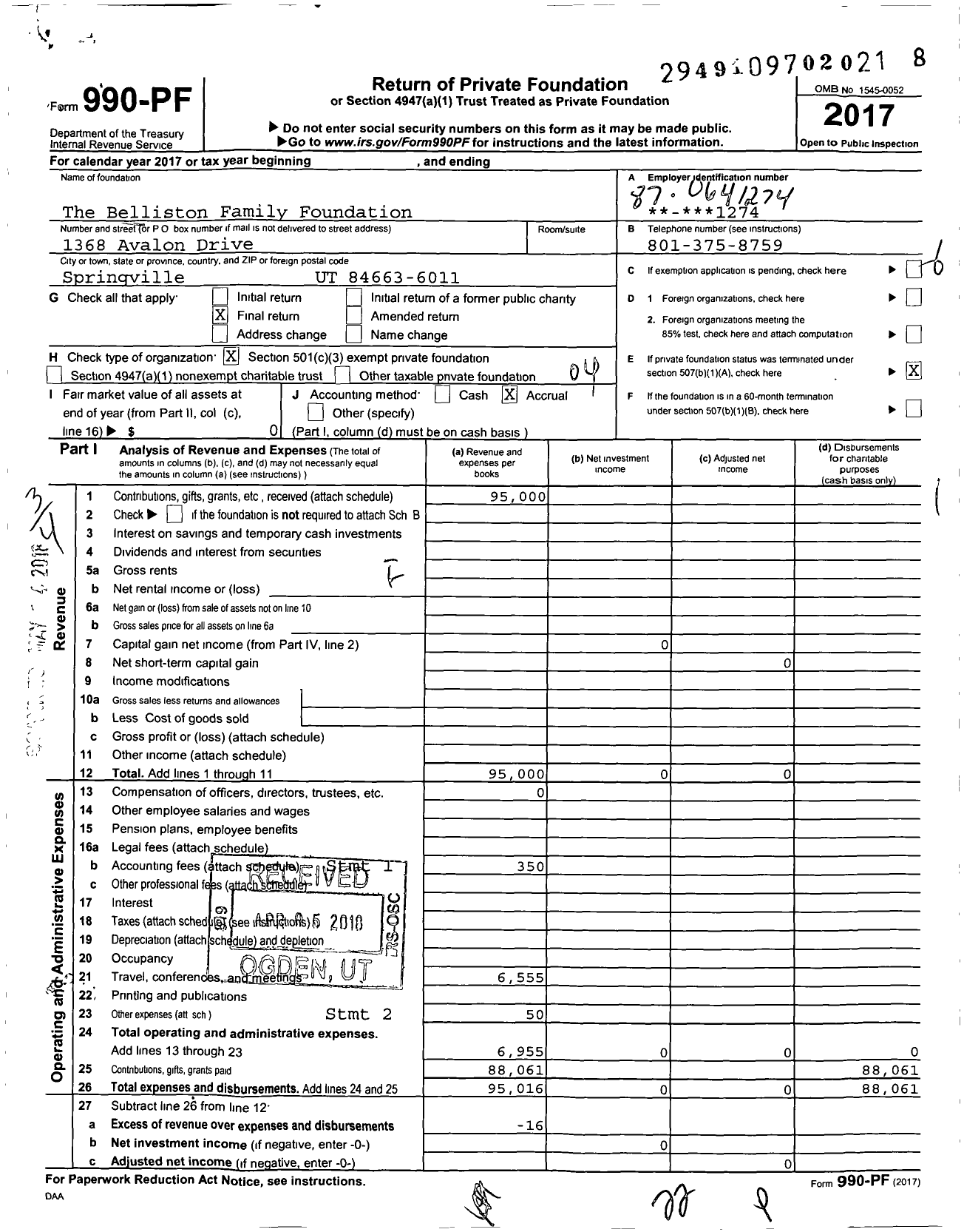 Image of first page of 2017 Form 990PF for The Belliston Family Foundation