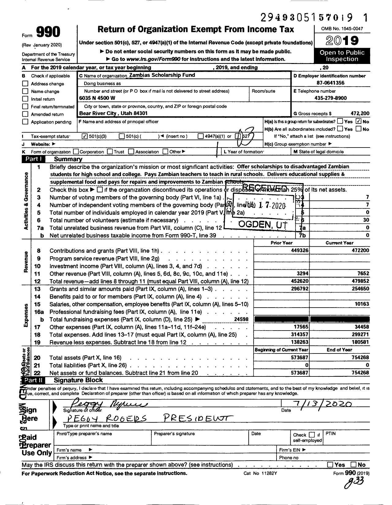 Image of first page of 2019 Form 990 for Zambias Scholarship Fund