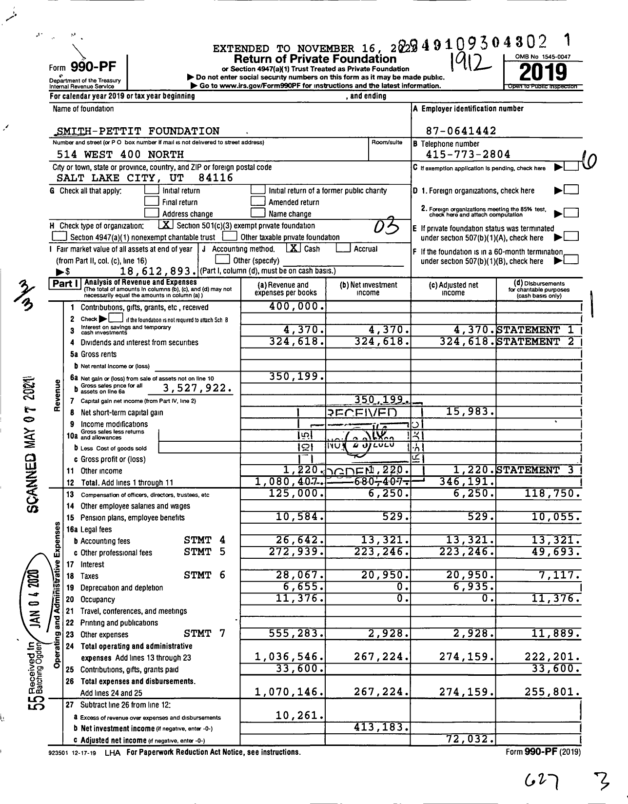 Image of first page of 2019 Form 990PF for Smith-Pettit Foundation