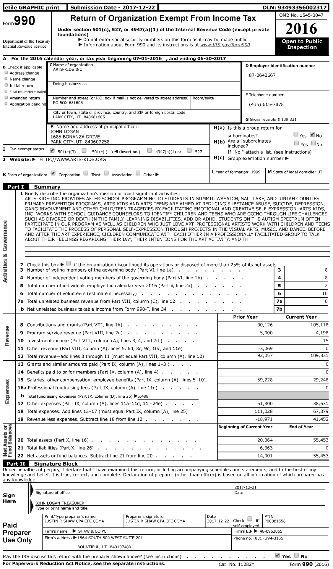 Image of first page of 2016 Form 990 for Arts-Kids