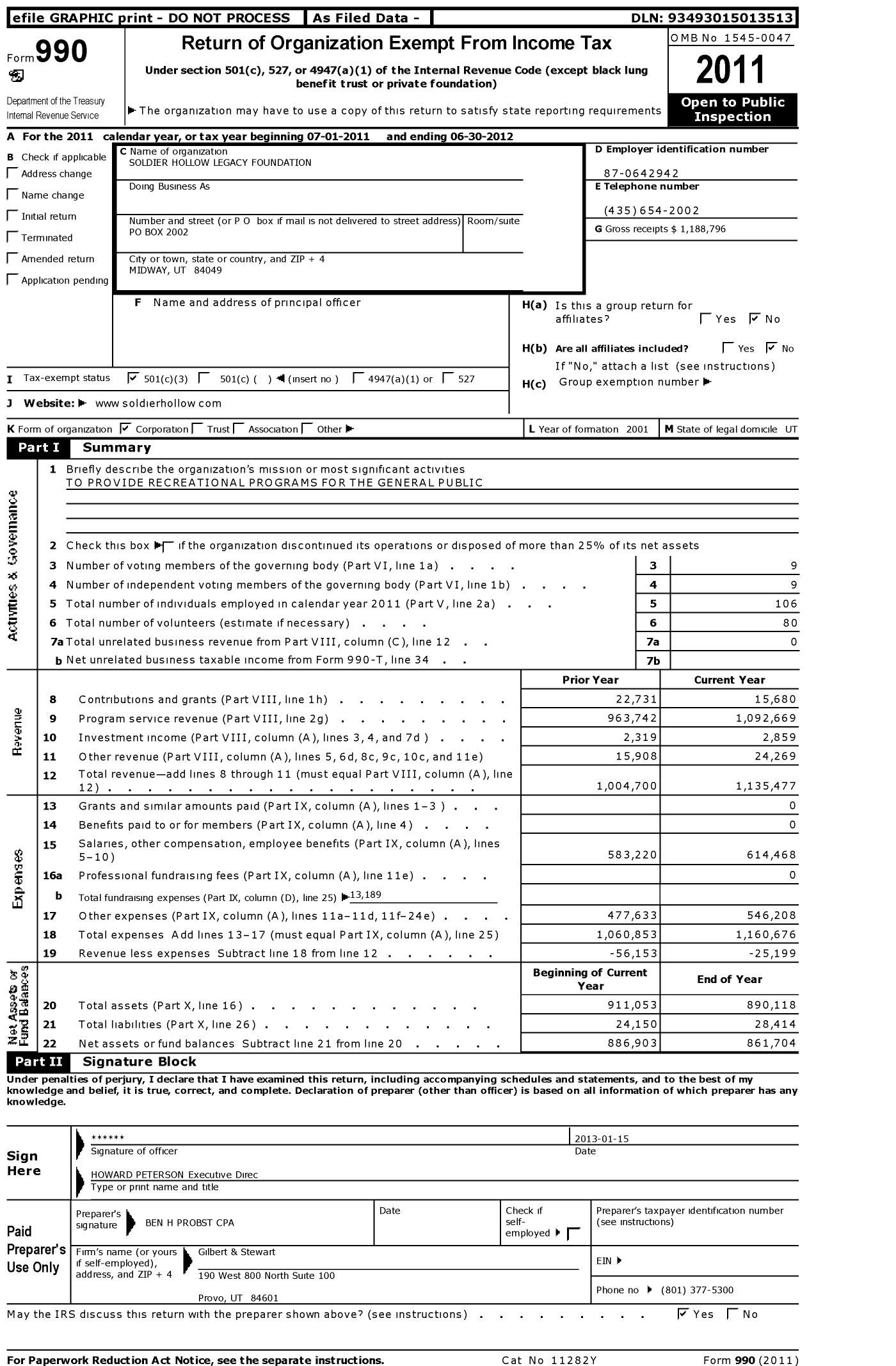 Image of first page of 2011 Form 990 for Soldier Hollow Legacy Foundation