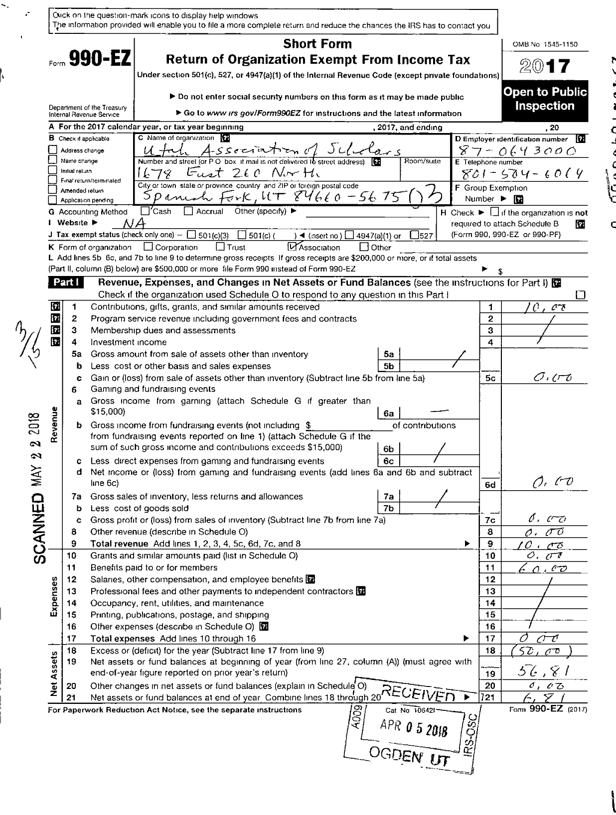 Image of first page of 2017 Form 990EZ for National Association of Scholars