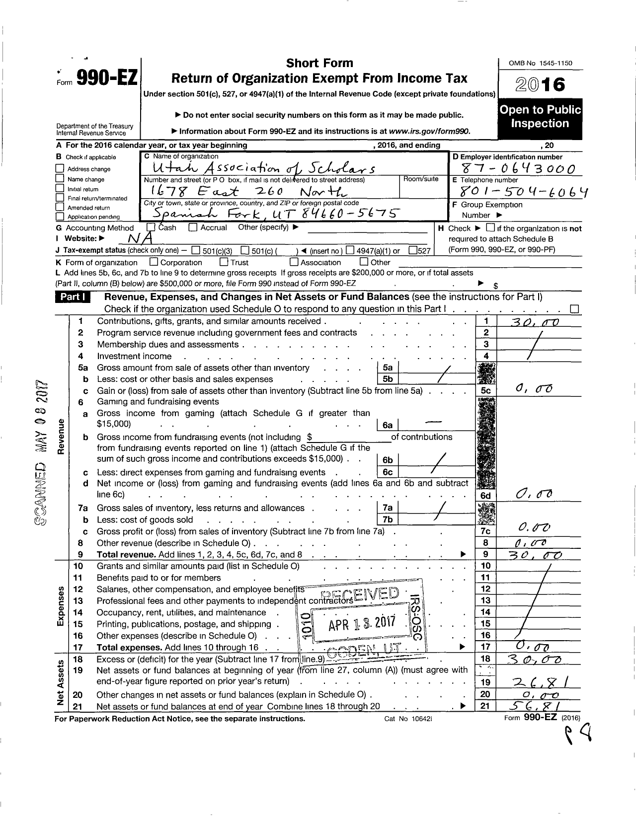 Image of first page of 2016 Form 990EO for National Association of Scholars