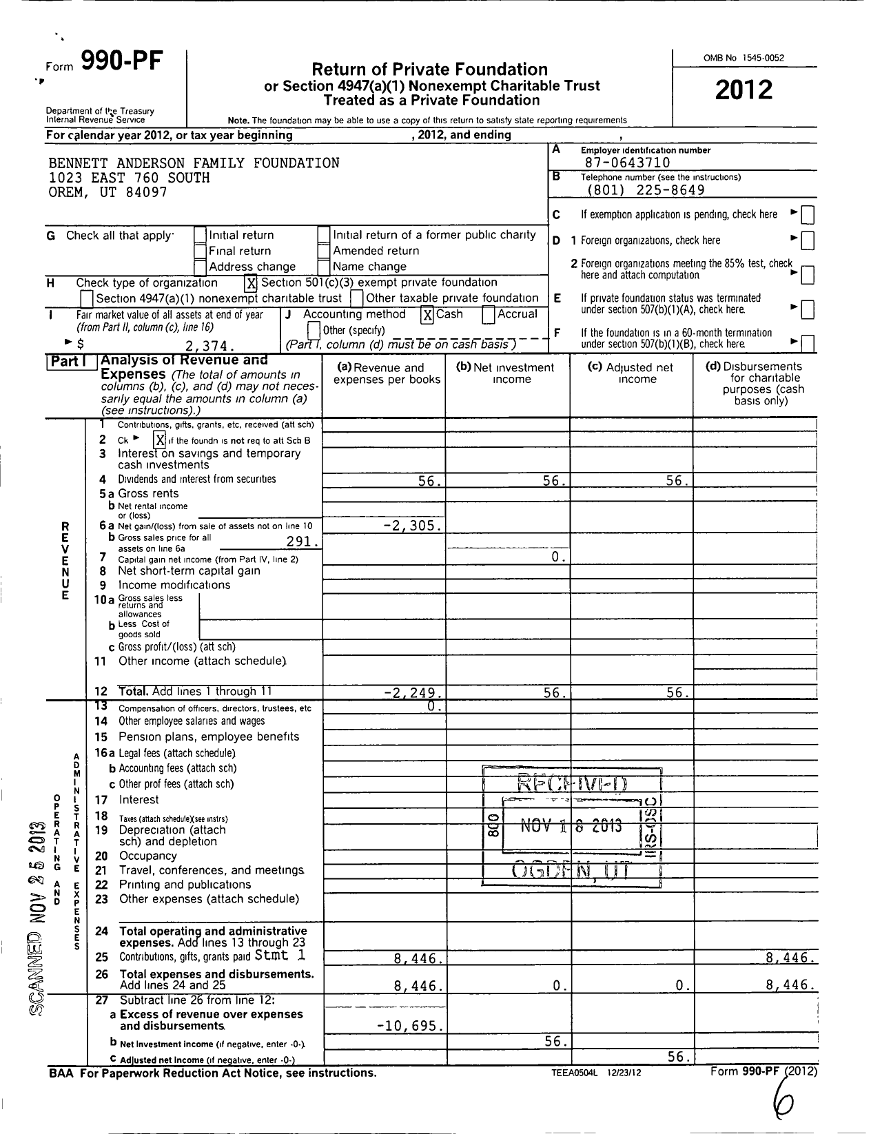 Image of first page of 2012 Form 990PF for Bennett Anderson Family Foundation