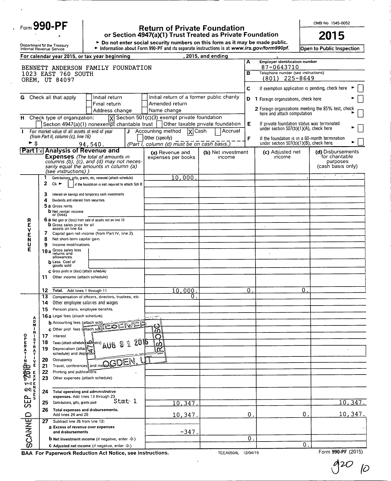 Image of first page of 2015 Form 990PF for Bennett Anderson Family Foundation